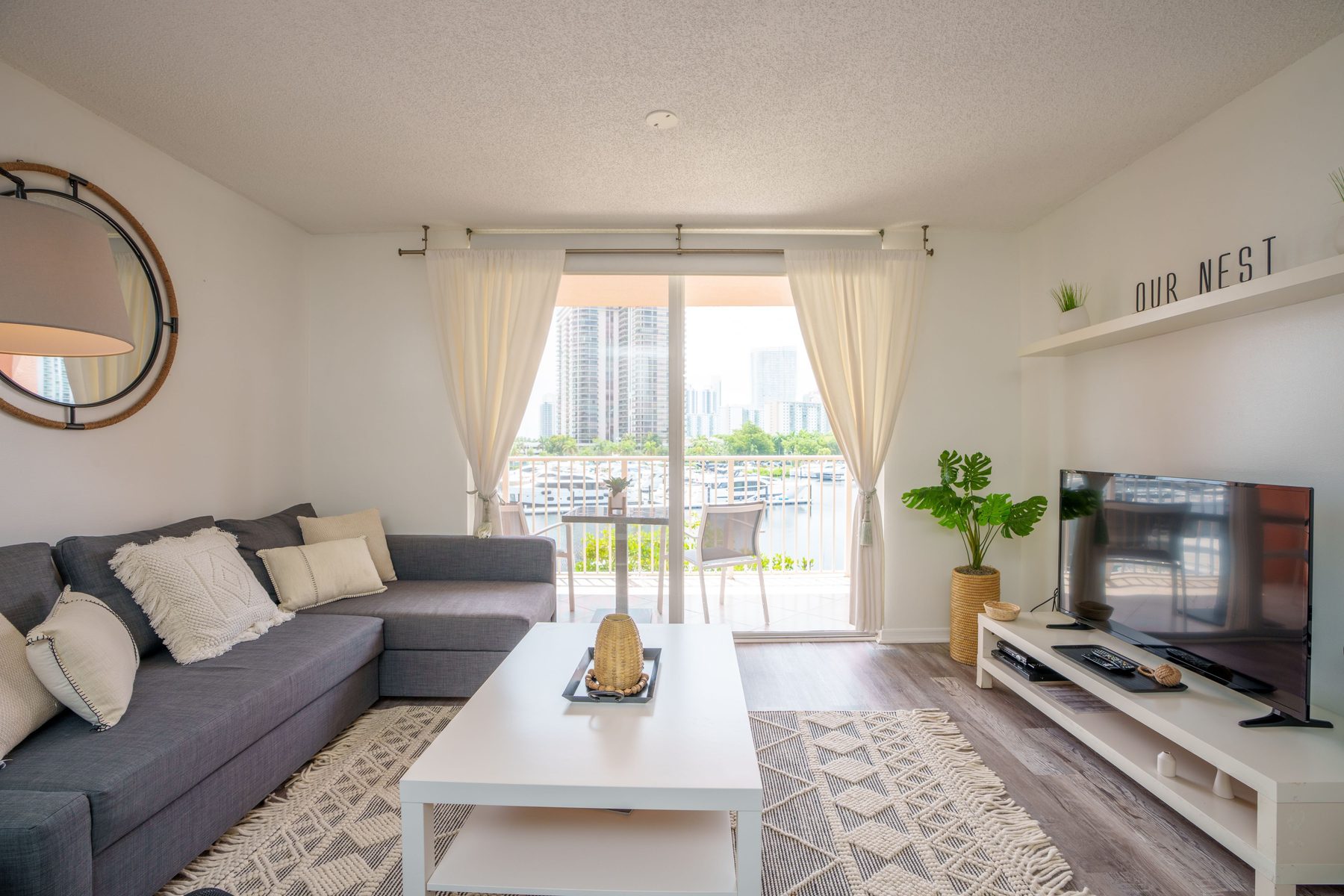 Living room with marina view