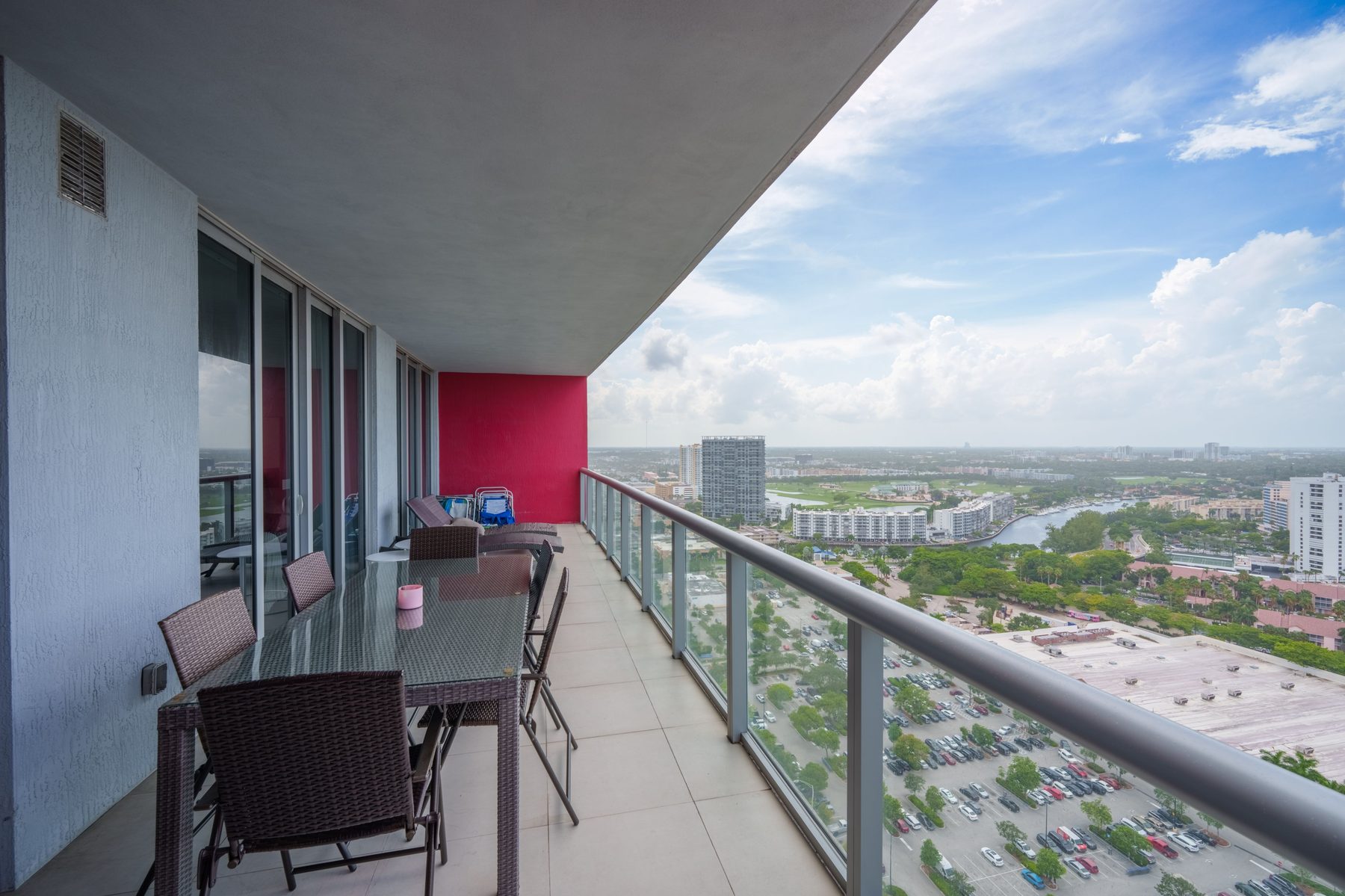 Balcony dining table with skyline view