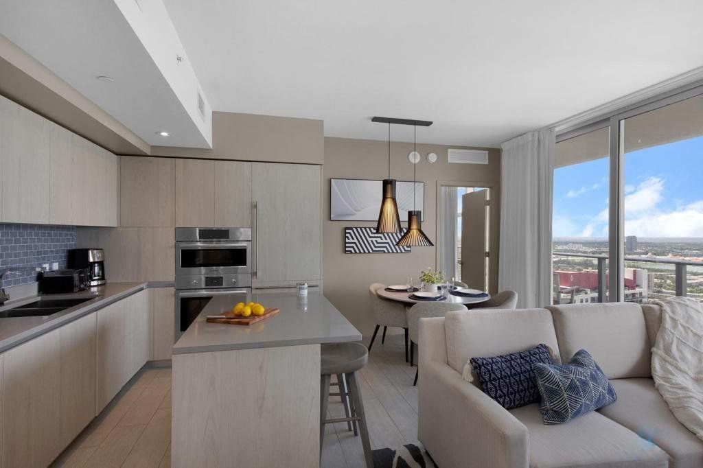 Living room and kitchen, wide angle